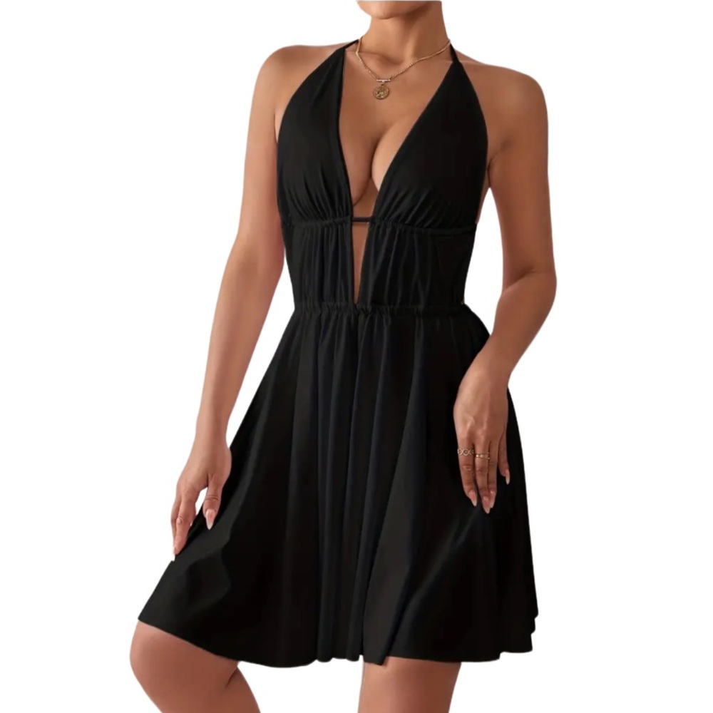 NEW WFB Black Halter Tie Cutout Dress Bikini Cover Up Backless Mini Party XS